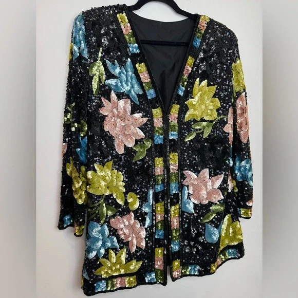 Vintage 80s Floral Sequin Jacket ✨ Handmade Boutique Beaded Statement Blazer - Picture 2 of 9